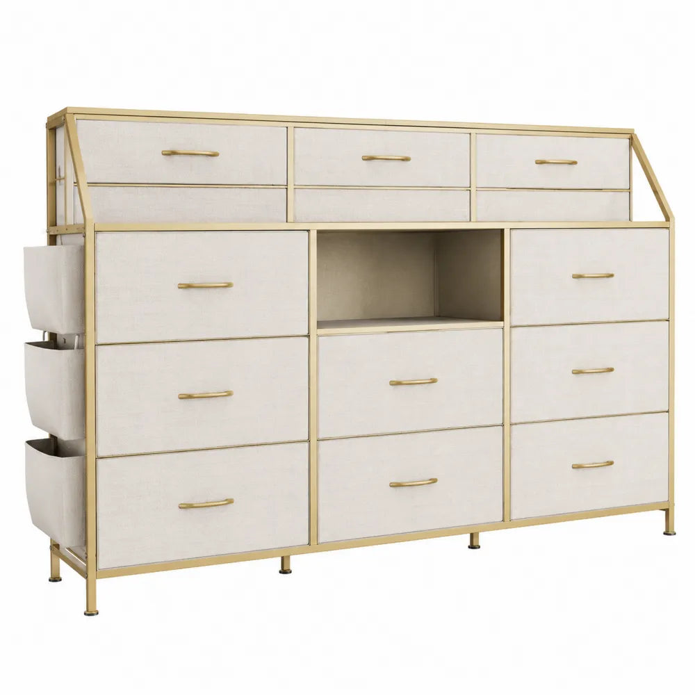 Cassettiera in Metallo Oro con 10 Cassetti in Tessuto Beige