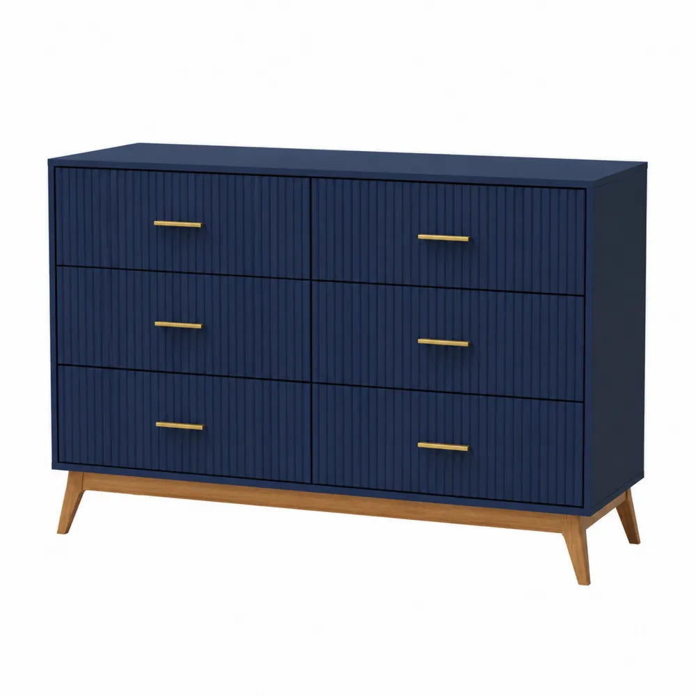 Cassettiera in MDF blu con gambe in legno di rovere