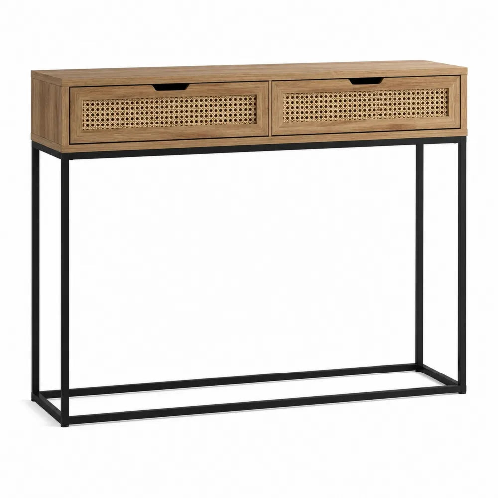 Consolle in legno e rattan con struttura in metallo nero