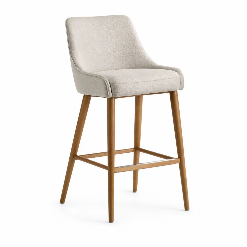 Sgabello in Tessuto Beige con Gambe in Legno di Faggio