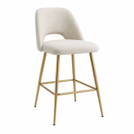 Sgabello in tessuto beige con gambe in metallo dorato