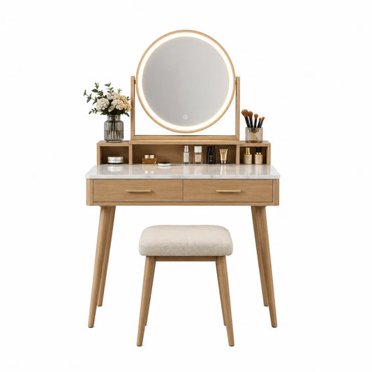 Toeletta in Legno con Specchio LED e Sgabello