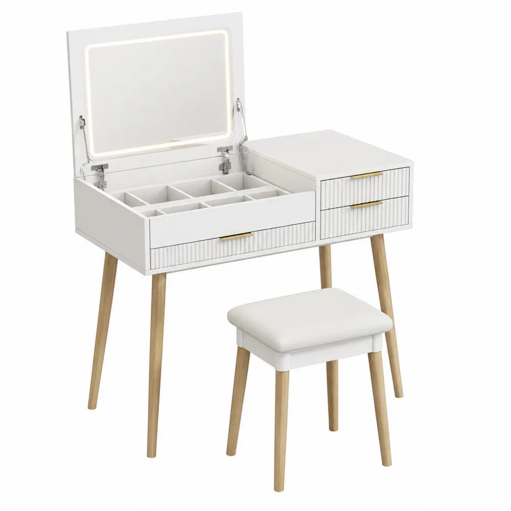 Toeletta Bianco in MDF con Specchio LED e Sgabello Imbottito