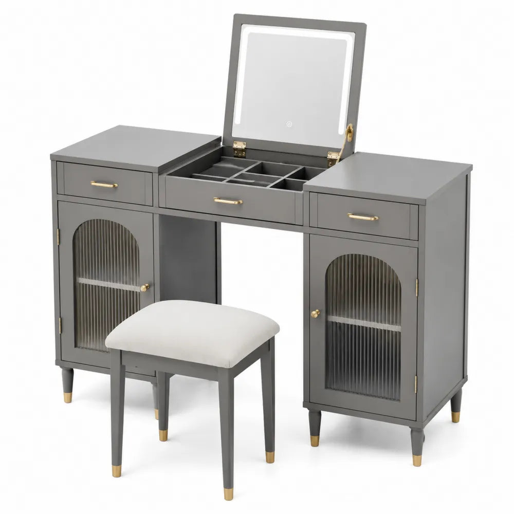 Toletta in Legno MDF con Specchio e Sgabello Grigio