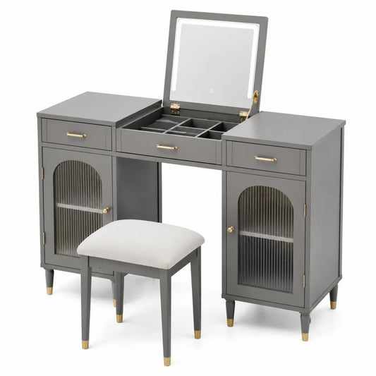 Toletta in Legno MDF con Specchio e Sgabello Grigio