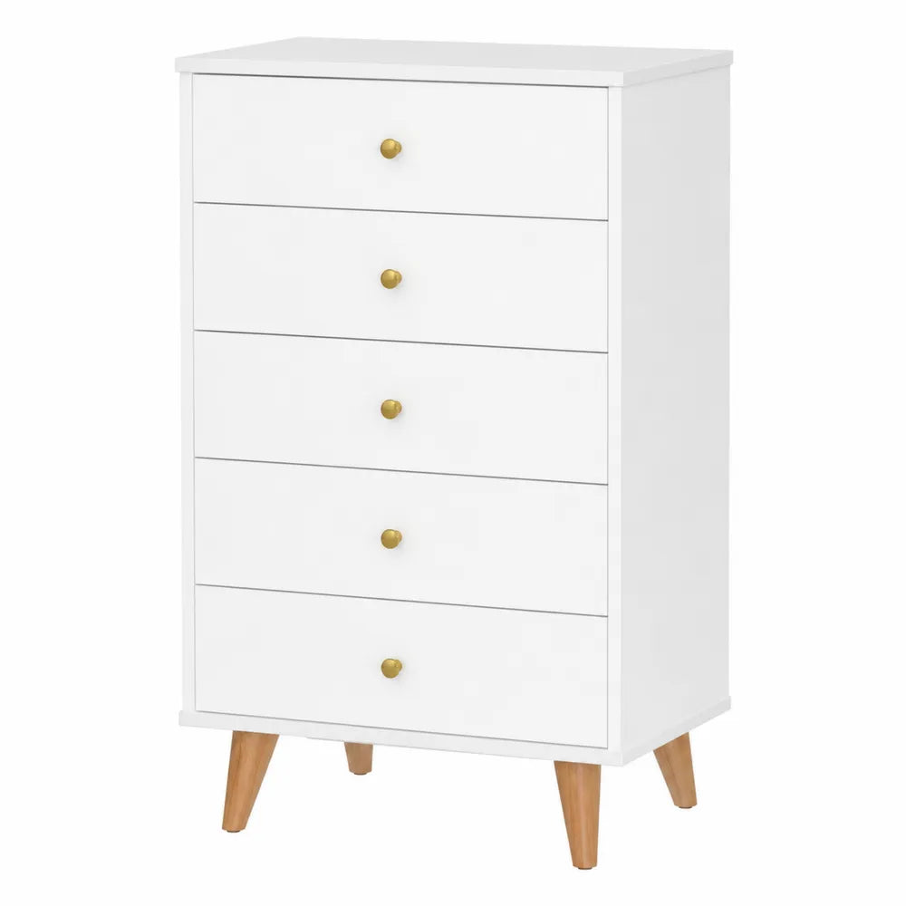 Cassettiera in legno bianca con maniglie in ottone