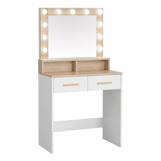 Toletta con Specchio e Luci a LED in Legno Bianco e Rovere