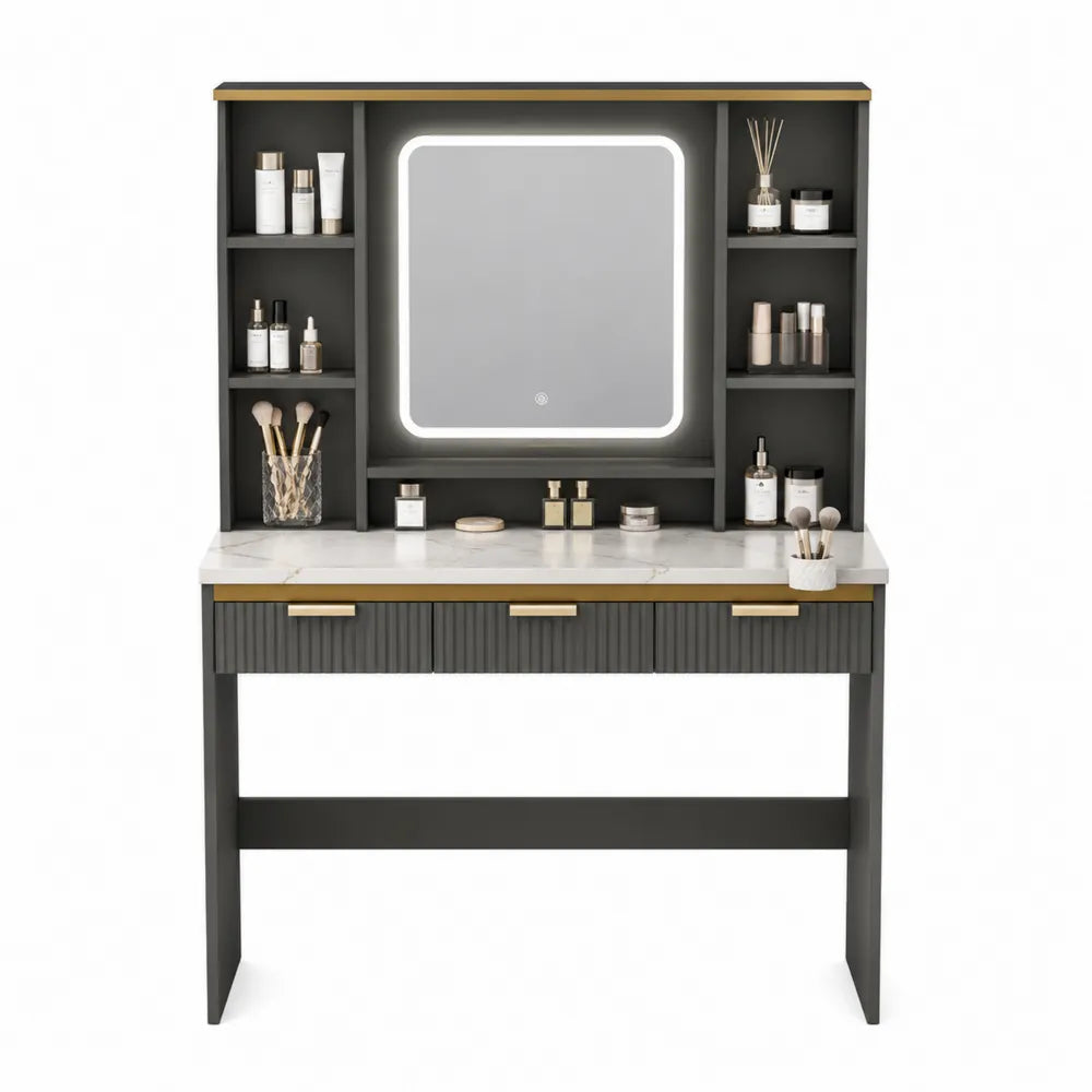 Toletta con Specchio a LED in MDF e Marmo Grigio Scuro