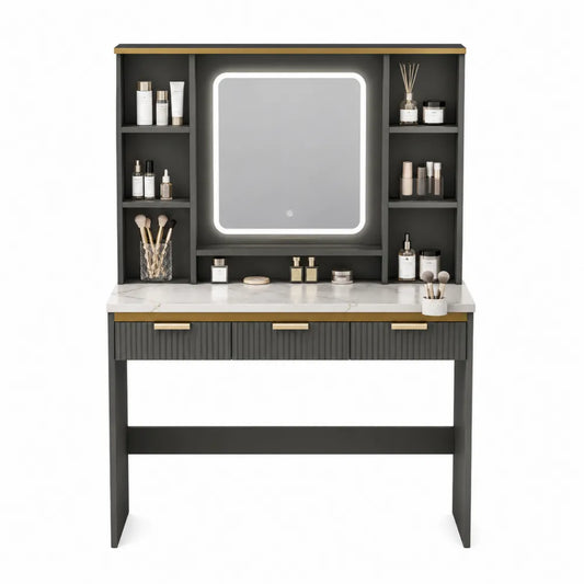 Toletta con Specchio a LED in MDF e Marmo Grigio Scuro