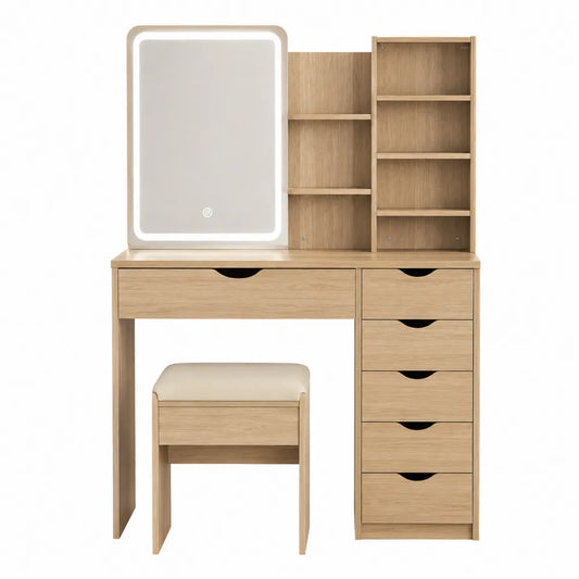 Tavolo da Trucco in Legno con Specchio LED e Sgabello Imbottito